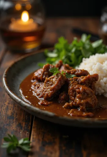Beef Rendang tálalva rizzsel és friss korianderrel