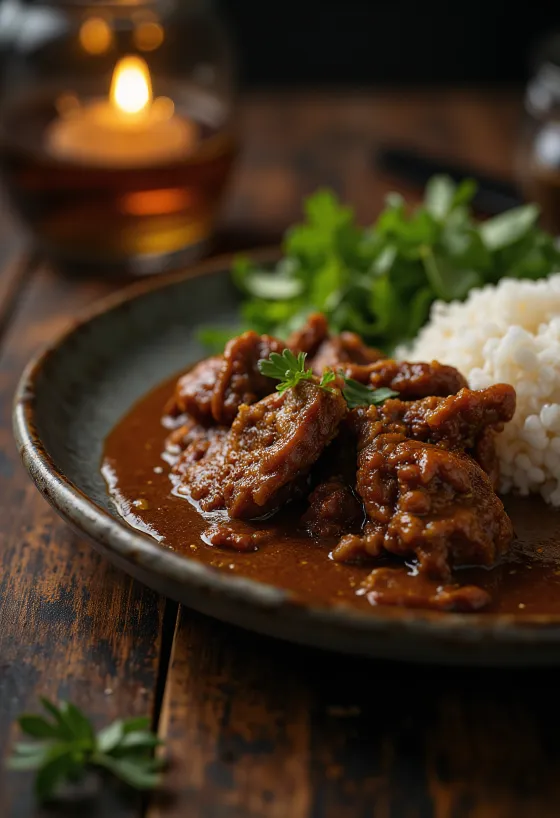 Beef Rendang tálalva rizzsel és friss korianderrel
