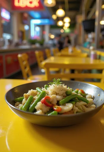 Bicol Express zöldbabbal, kókusztejjel és piros paprikával tálalva