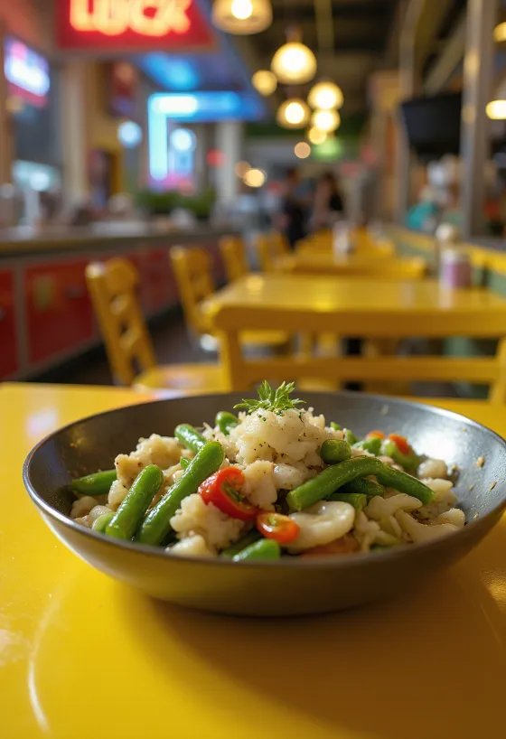 Bicol Express zöldbabbal, kókusztejjel és piros paprikával tálalva