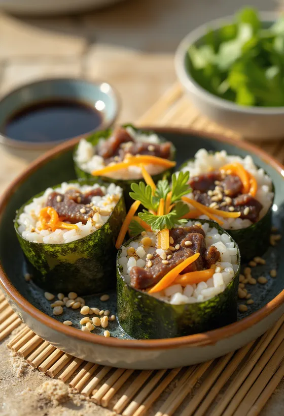 Bulgogi gimbap, koreai tekercs bulgogival, friss zöldségekkel és tojással, szezámmaggal díszítve