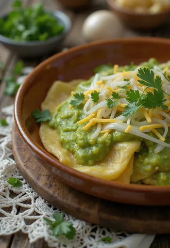 Chilaquiles verdes zöld szósszal bevonva, tejföllel és reszelt sajttal tálalva