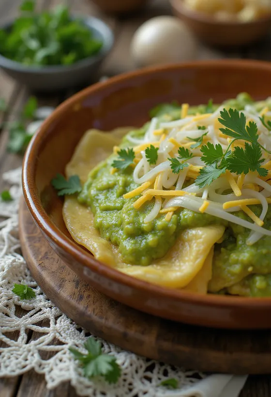 Chilaquiles verdes zöld szósszal bevonva, tejföllel és reszelt sajttal tálalva