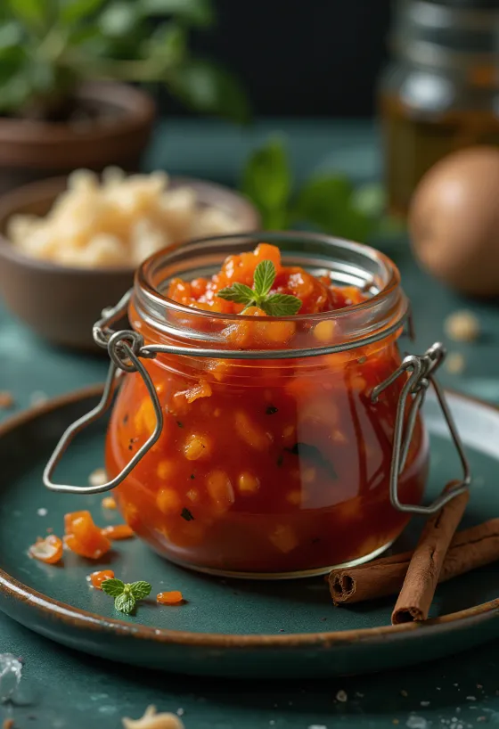 Chili chutney üvegben, gazdag piros színű csípős szósz