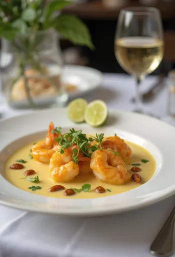 Chingri malai garam masalával tálalva, friss korianderrel és lime levével