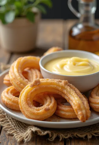 Churros vaníliás krémmel, csokoládémártással tálalva