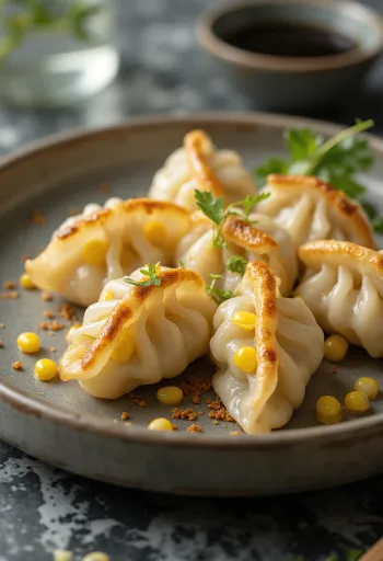 Kukoricás gyoza aranybarna aljú darabok tálalva szójaszószos tálkával