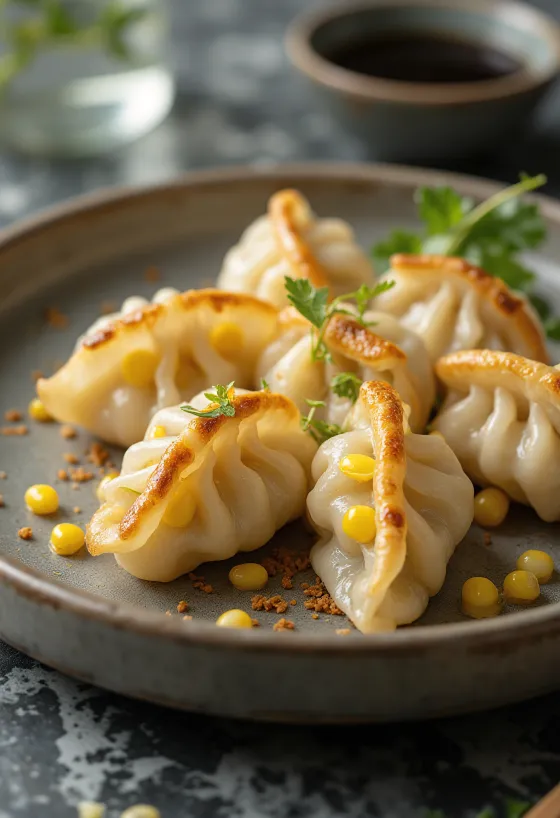 Kukoricás gyoza aranybarna aljú darabok tálalva szójaszószos tálkával