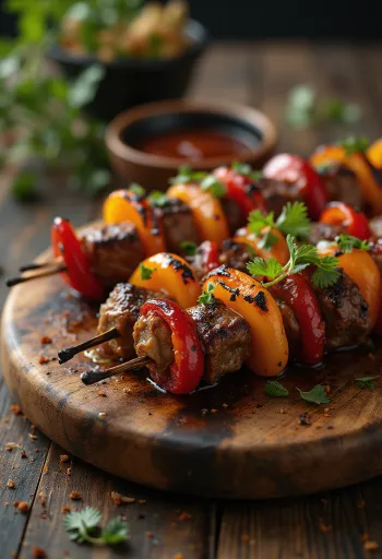 Espetada barbecue mártással, grillezett marhahússal és zöldségekkel tálalva