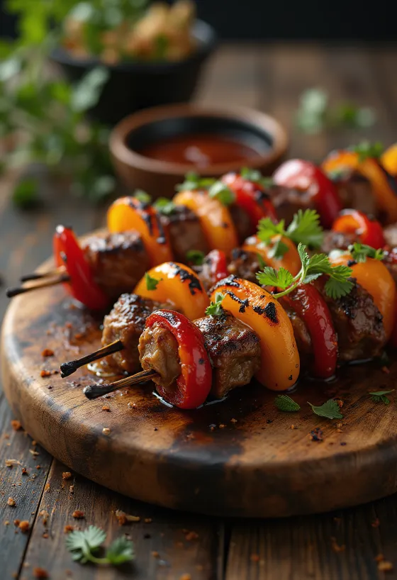 Espetada barbecue mártással, grillezett marhahússal és zöldségekkel tálalva