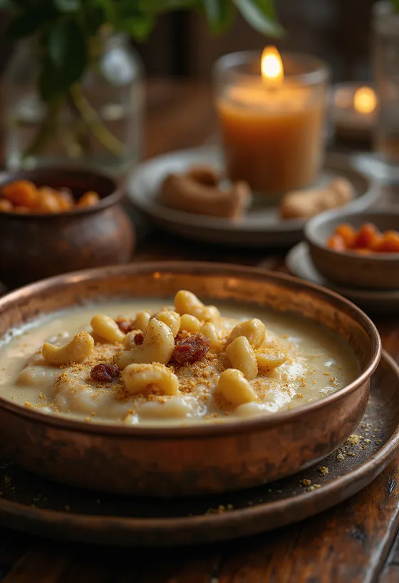 Foxtail millet payasam tálalva friss korianderrel és dióval
