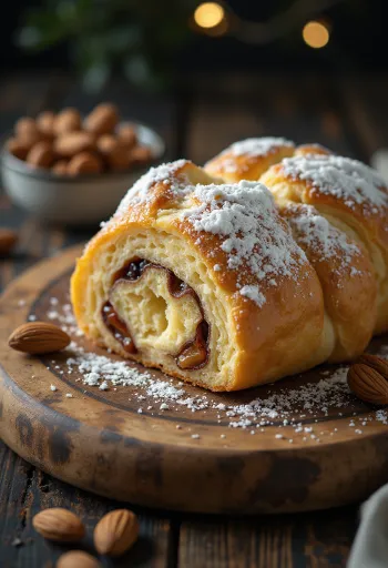 Füstölt mandulás Stollen szeletek tálalva