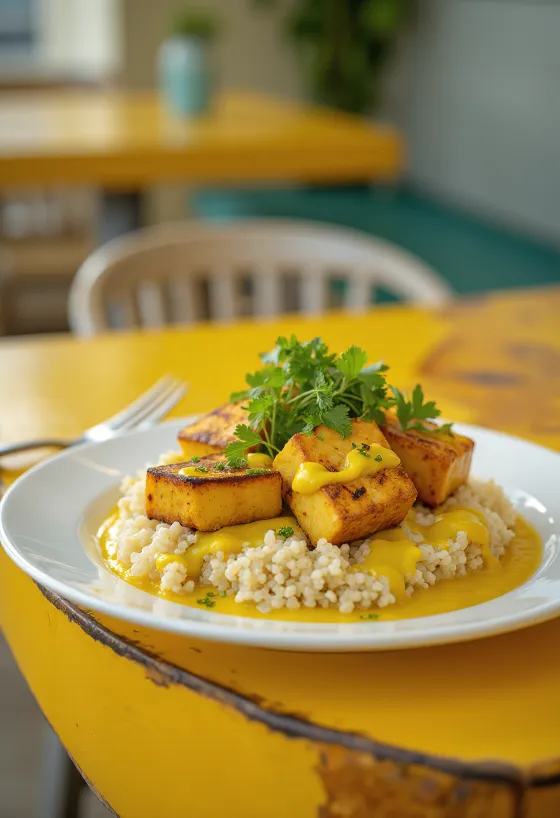 Grillezett tofu quinoa curry tahinivel tálalva