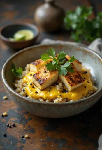 Grillezett tofu quinoa currys lime tahinivel tálalva