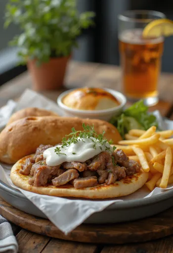 Gyros menü gyros szendviccsel, sült krumplival és hideg üdítővel tálalva