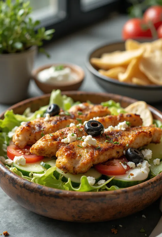 Gyros saláta sült csirkével, friss zöldségekkel és tzatziki szósszal