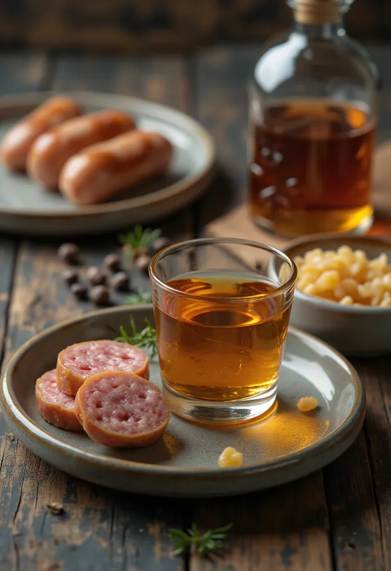Házikolbász-likőr üvegben, mellette füstölt kolbász és fűszerek