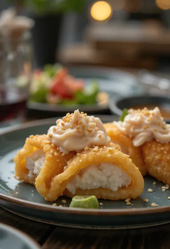 Inarizushi tonhal majonézzel, egy japán étel, amelyben tonhalat és majonézt tartalmazó töltött tofu zsebek vannak