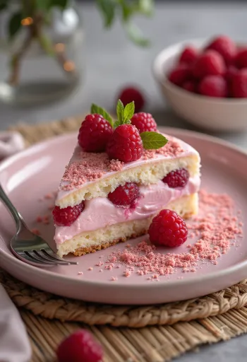 Joghurtos málna torta tálalva friss málnával és porcukorral