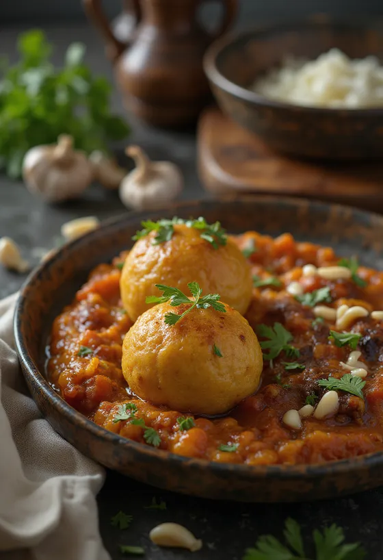 Litti chokha fokhagymával, ropogós littik tálalva padlizsános pürével