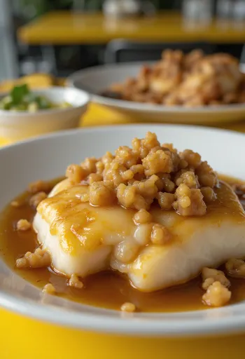 Lutefisk barna sajttal és áfonyasziruppal, frissen tálalva