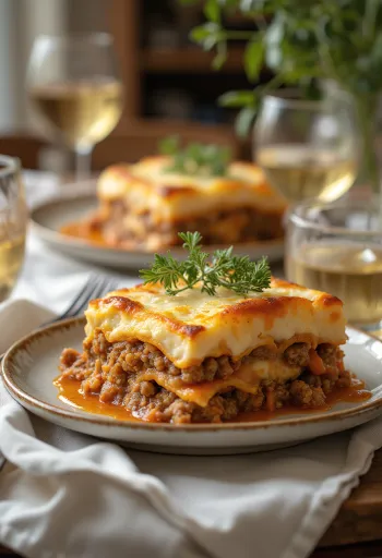 Moussaka darált hússal, húsos és túrós rétegekkel