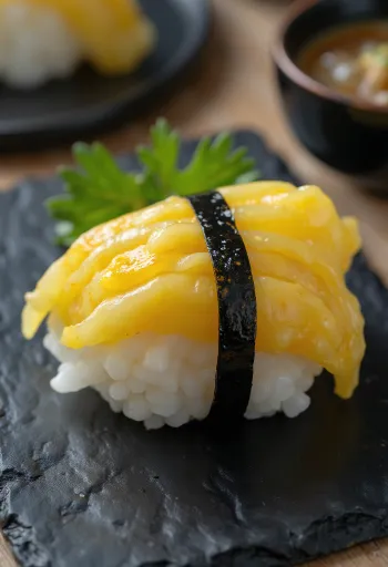 Nigiri Tamagoyakival, friss korianderrel tálalva
