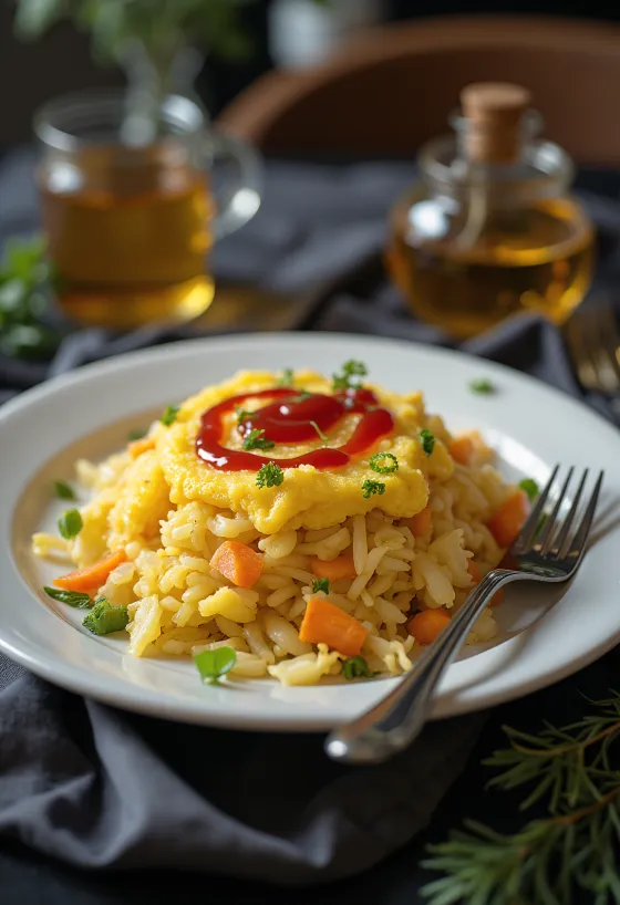 Omurice tál káposztával, tojással és friss zöldségekkel tálalva