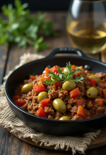 Picadillo olívabogyóval, egy tálban fűszeres darált hús és zöldségek