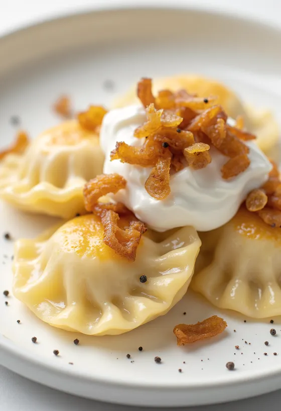 Pierogi tejföllel, túrós-tejfölös töltelékkel tálalva