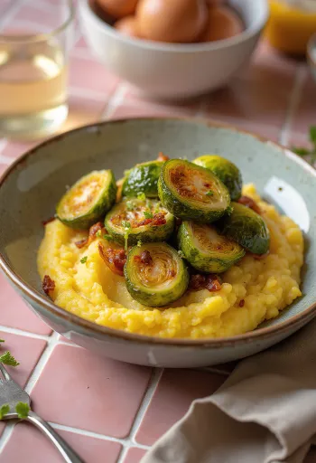 Polenta sült kelbimbóval tálalva, krémes alap és ropogós zöldségek kombinációja