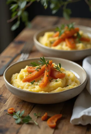Krémes polenta sült sárgarépával tálalva, friss és rusztikus stílusban