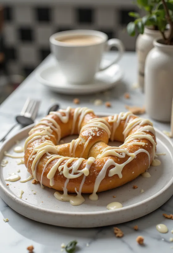 Pretzel fehércsokoládéval tálalva, gazdag csokoládéba mártva, kívül ropogós és belül puha.