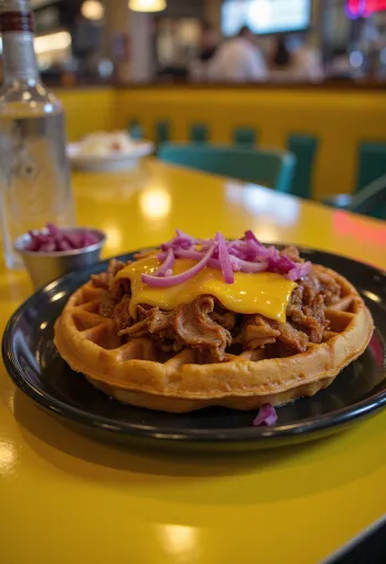 Pulled pork gofri BBQ szósszal és lilahagymával