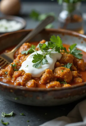 Rogan Josh joghurttal, fűszeres szószban tálalva