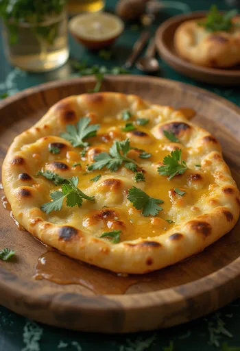 Roghni naan mézzel, friss korianderrel tálalva