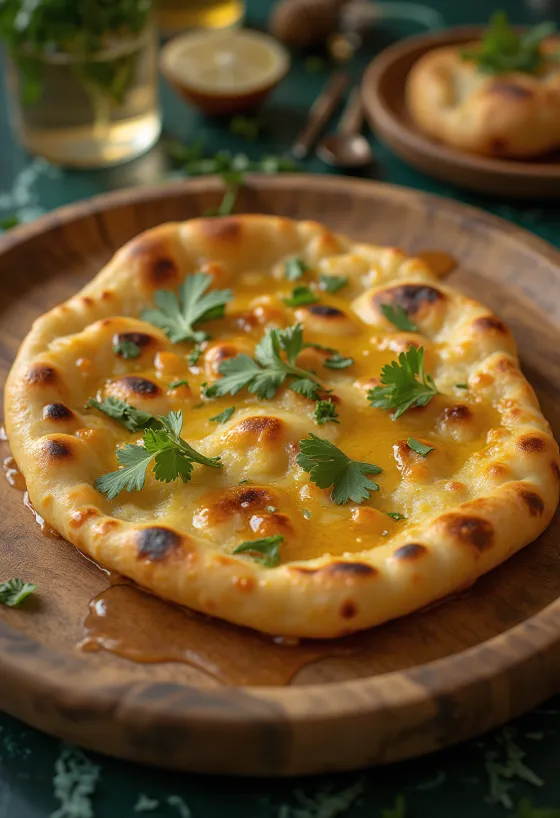 Roghni naan mézzel, friss korianderrel tálalva