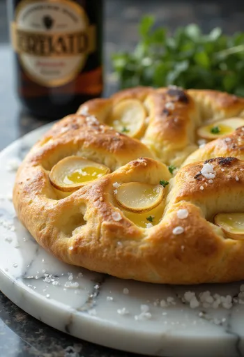 Sörös-sós fokhagymás focaccia tálalva