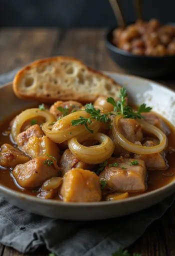 Souse hagymával és fokhagymával, friss, ínycsiklandó étel tálalva