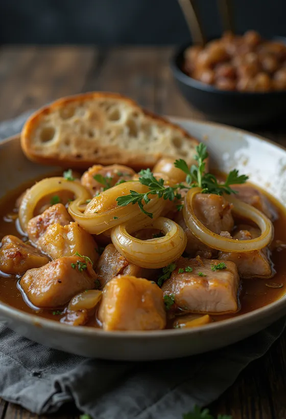 Souse hagymával és fokhagymával, friss, ínycsiklandó étel tálalva