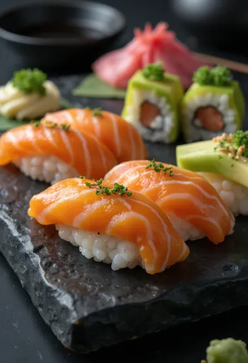 Sushi tálalva szójaszósszal és gyömbérrel