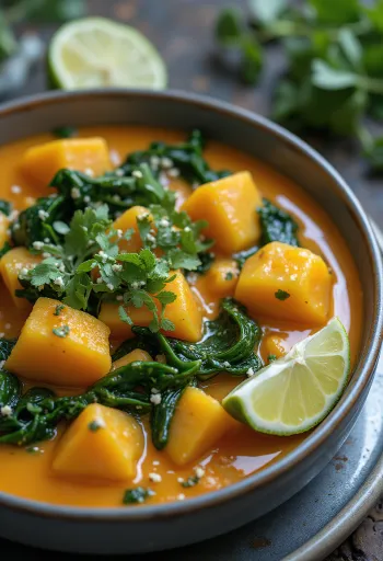 Sütőtök curry spenóttal tálalva