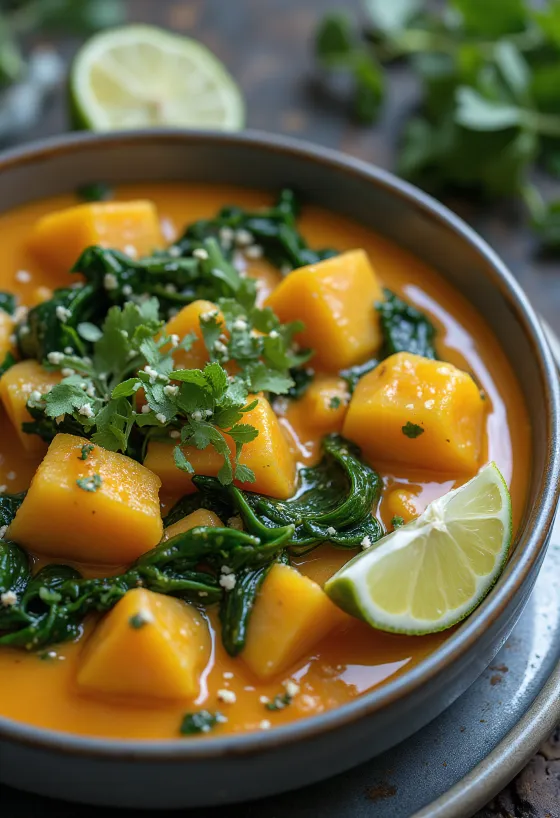 Sütőtök curry spenóttal tálalva