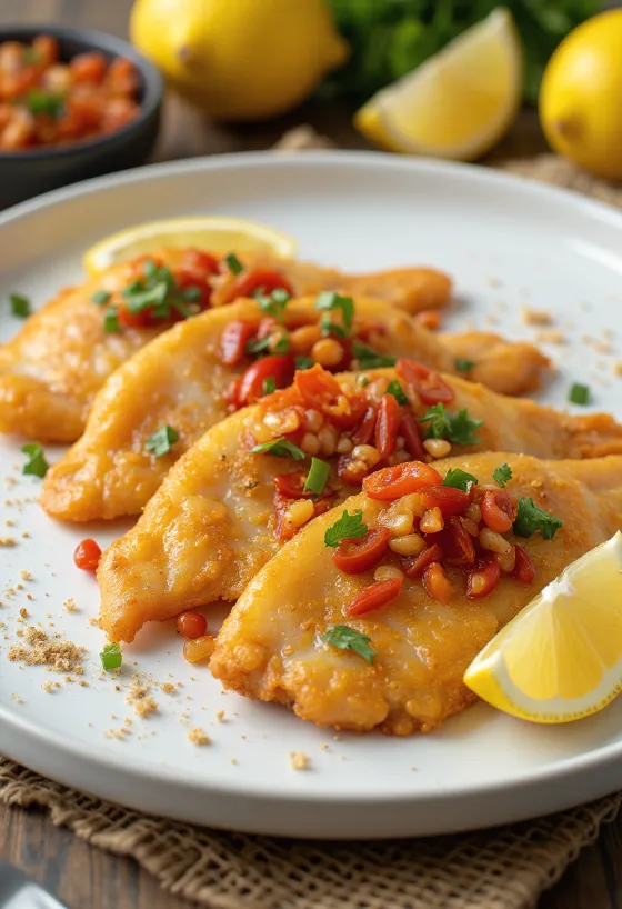 Tilapia fry csípős paprikával tálalva, friss korianderrel díszítve
