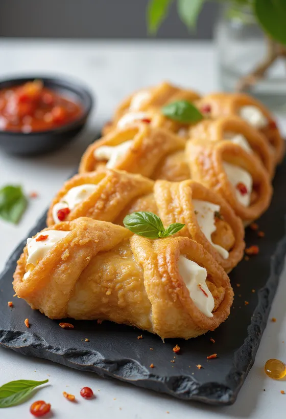 Tüzes chilis-mézes cannoli tálalva