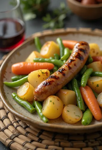 Alheira főtt zöldségekkel, ropogós kolbász és friss zöldségek