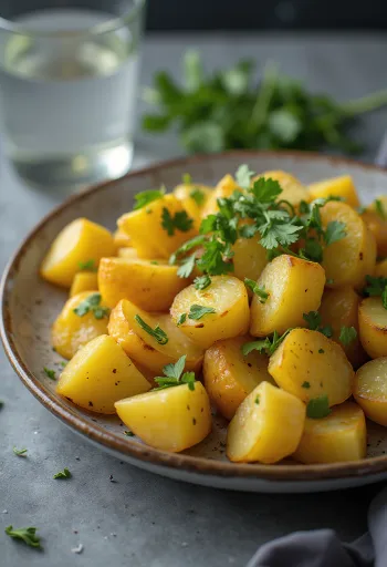 Aloo Tindora Sabzi tálban, friss korianderrel díszítve