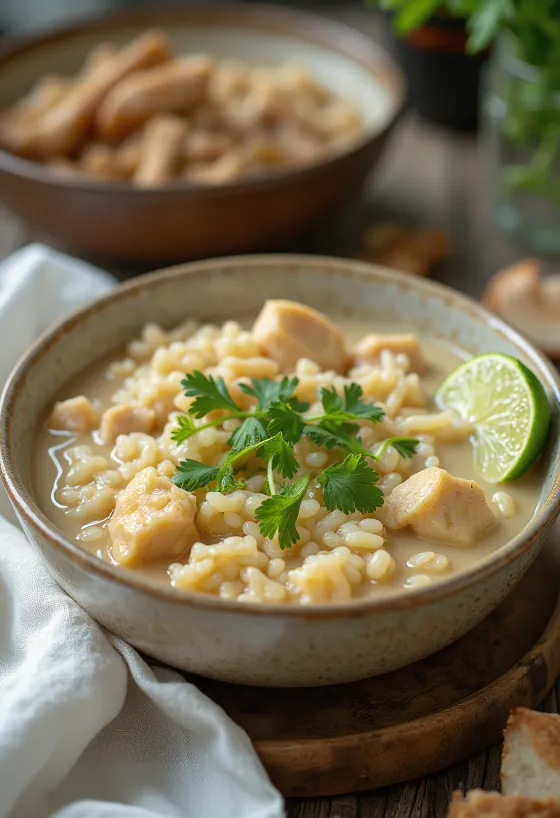 Arroz Caldo kókuszos csirkével, friss korianderrel tálalva