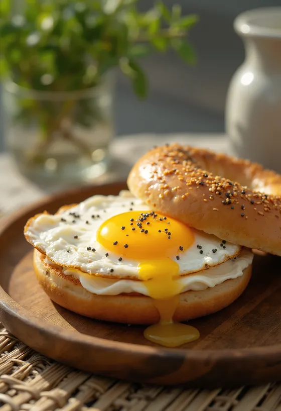 Bagel tojással, krémsajttal és friss petrezselyemmel díszítve
