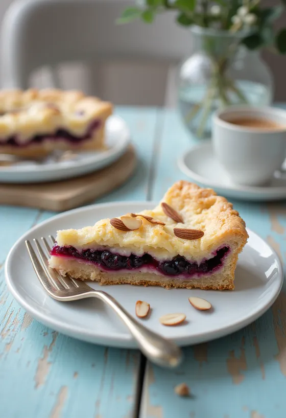 Bakewell tart feketeribizlilekvárral, frissen szeletelve és tálalva